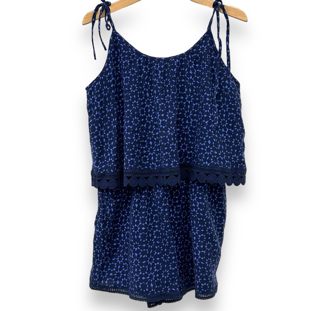 Aerie Blue Printed Cotton Tie-Strap Romper Medium